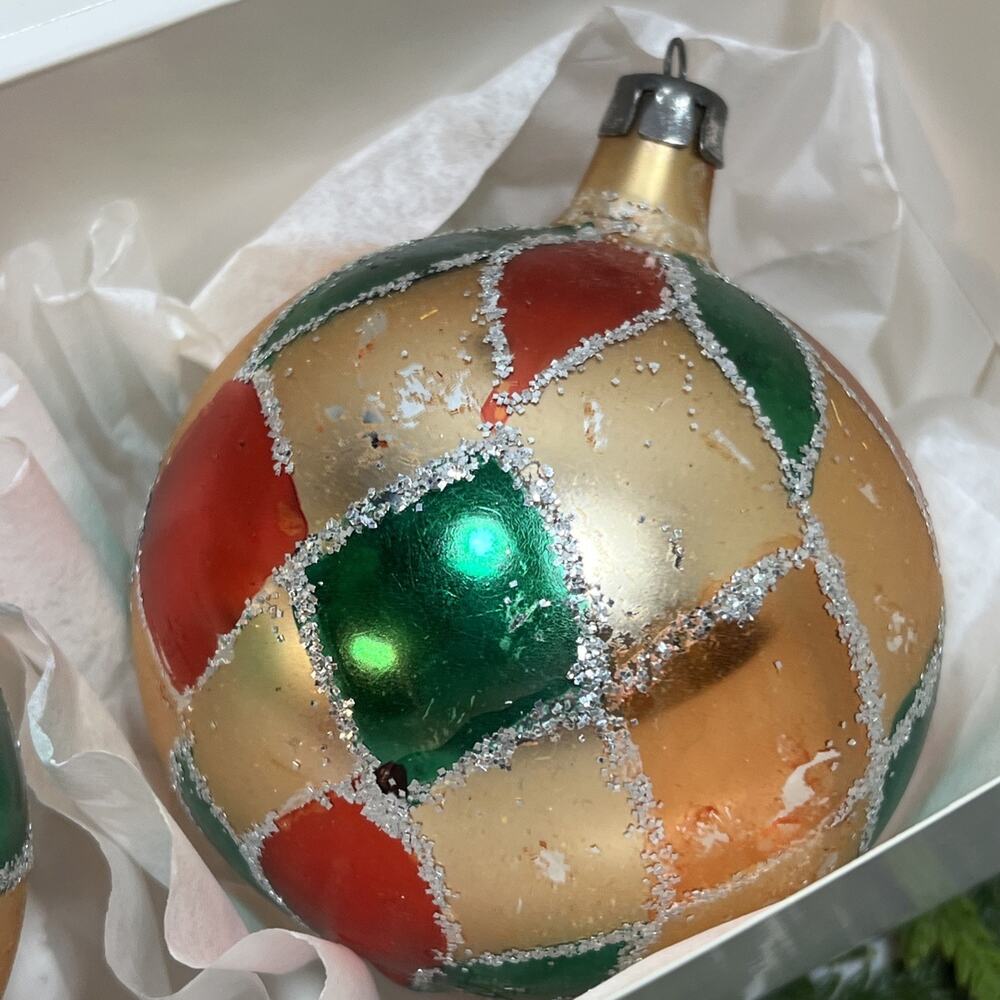 Vintage Christmas Ornaments Mercury Glass Harlequin Pattern 3.25” Set of 2 Ball - Picture 8 of 16